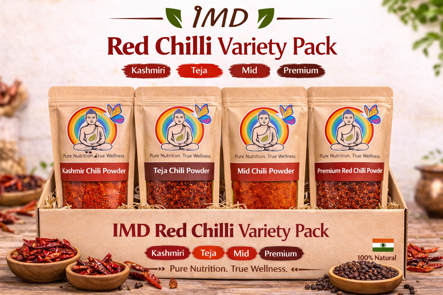 IMD Red Chilli Variety Pack – Kashmiri, Teja, Mid & Premium Lal Mirch Powder ( Pack Of 100gms each)