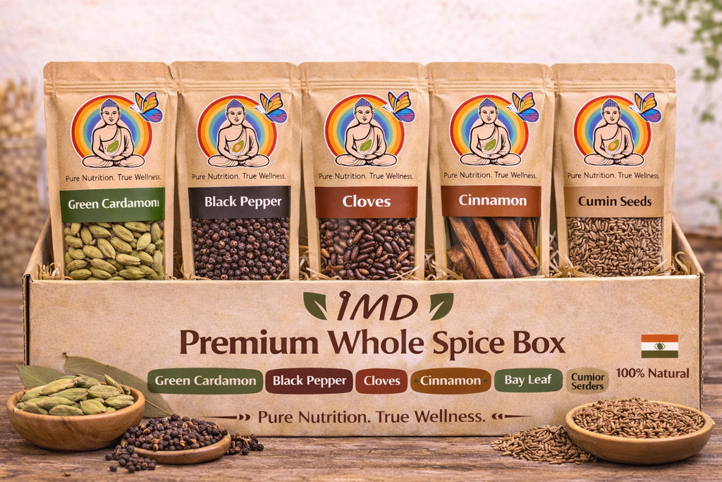 IMD Premium Whole Spice Box – Cardamom, Pepper, Cloves, Cinnamon, Bay Leaf & Jeera ( 100gms Each)