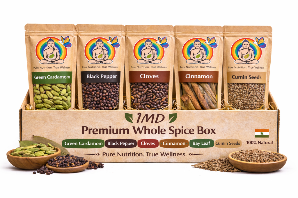 IMD Premium Whole Spice Box – Cardamom, Pepper, Cloves, Cinnamon, Bay Leaf & Jeera ( 100gms Each)
