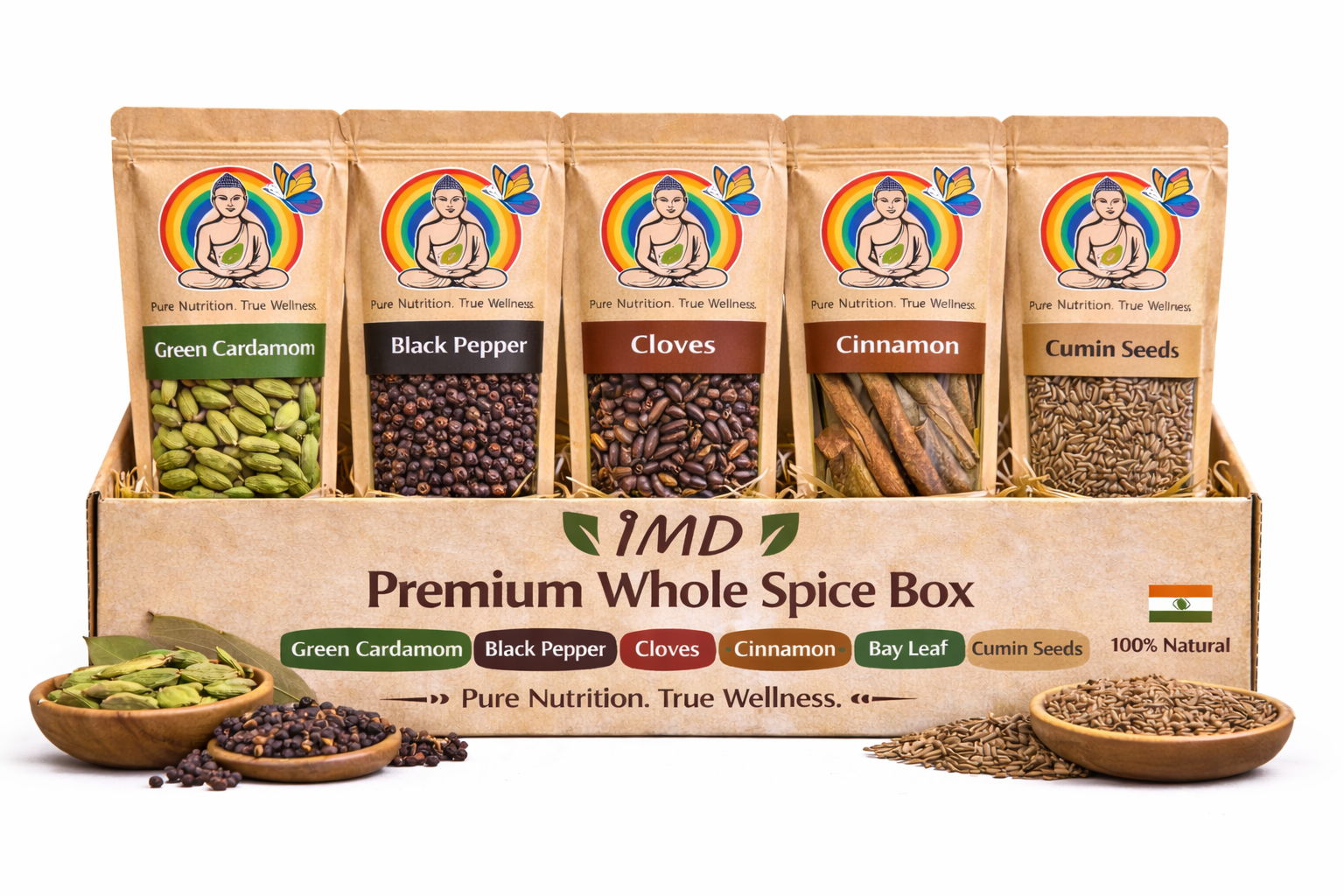 IMD Premium Whole Spice Box – Cardamom, Pepper, Cloves, Cinnamon, Bay Leaf & Jeera ( 100gms Each)