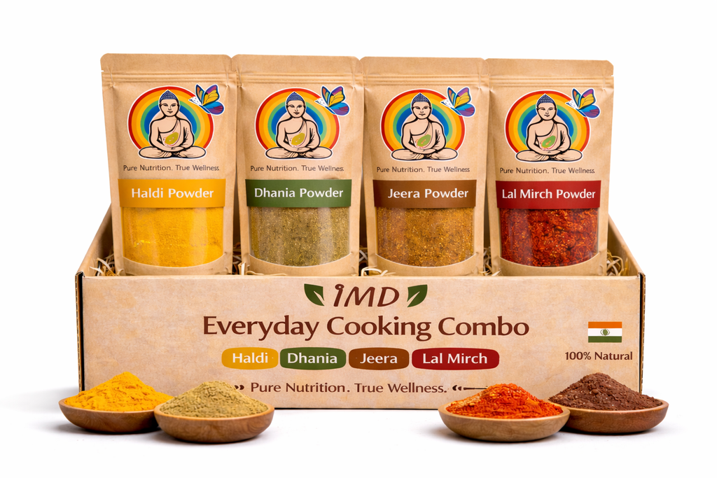 IMD Everyday Cooking Combo – Haldi, Dhania, Jeera & Lal Mirch Powder (Each Pouch 100gms)